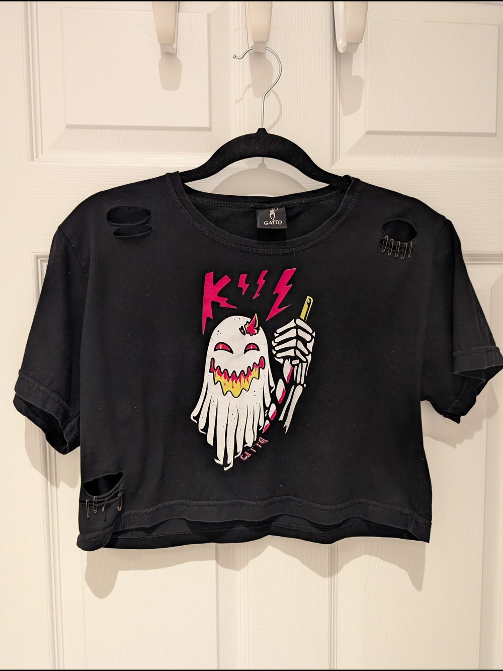Gatto Distressed Ghost Graphic Crop Top Black Grunge Size S/M